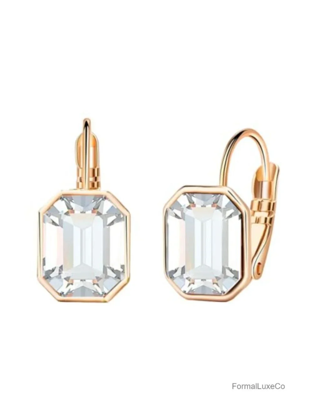 Austrian Crystal Octagon Leverback Drop Earrings 14K Rose Gold Plated
